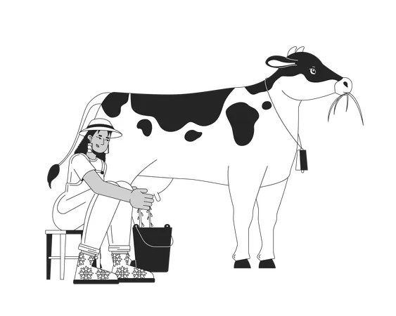 Femme afro-américaine traire la vache  Illustration