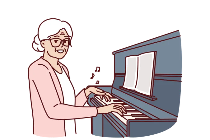 Une femme âgée apprend le piano  Illustration