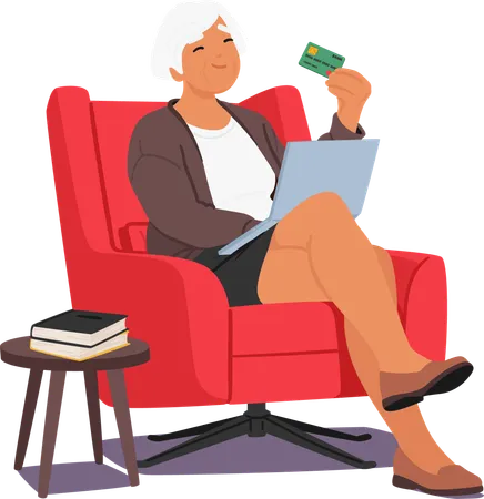 Une femme âgée est assise confortablement sur un fauteuil avec son ordinateur portable ouvert et tient une carte bancaire  Illustration