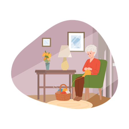 Une femme âgée assise sur une chaise tricote à la maison  Illustration