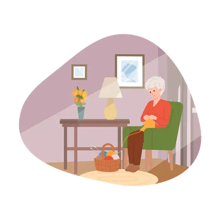 Une femme âgée assise sur une chaise tricote à la maison  Illustration