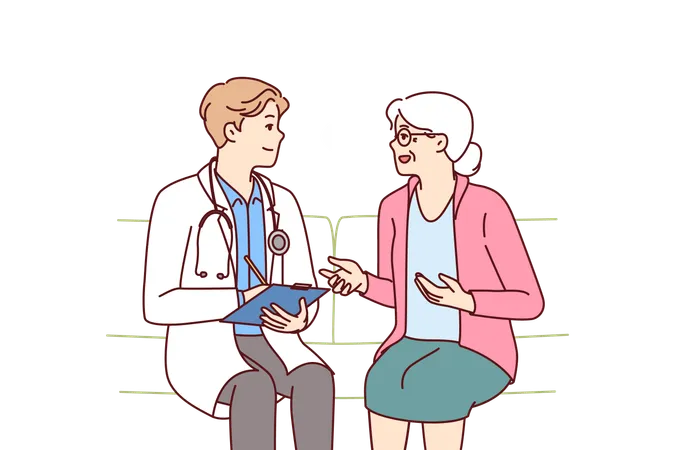 Une femme âgée accompagnée d'un médecin est assise sur un canapé et se plaint de problèmes de santé auprès d'un employé de l'hôpital.  Illustration