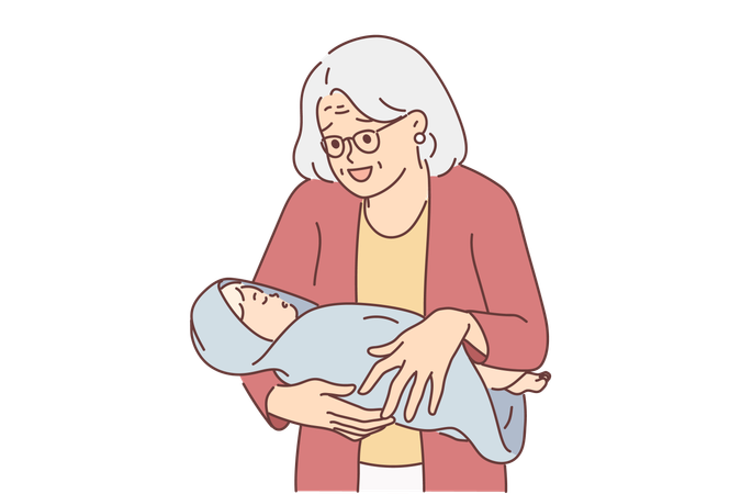 Une femme âgée avec un petit-fils nouveau-né sourit en se réjouissant de la naissance d'un nouveau membre de la famille  Illustration
