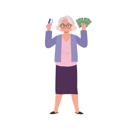 Femme âgée confiante avec carte de crédit  Illustration