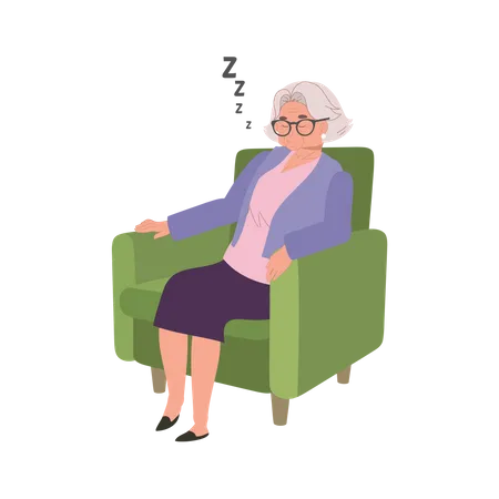 Femme âgée dormant sur un canapé confortable à la maison  Illustration