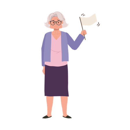 Femme âgée émotionnelle avec drapeau blanc à la retraite  Illustration