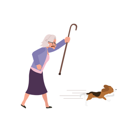 Femme âgée en colère poursuivant avec détermination son chien énergique  Illustration