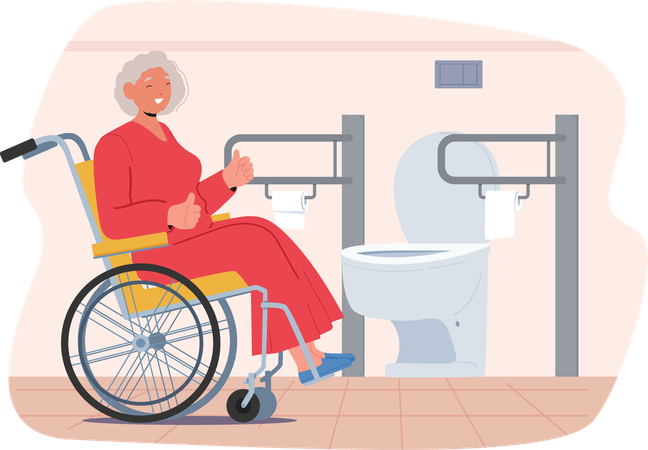 Une femme âgée en fauteuil roulant approuve le service de haute qualité des toilettes publiques  Illustration