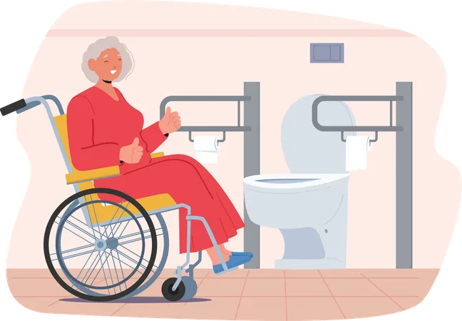 Une femme âgée en fauteuil roulant approuve le service de haute qualité des toilettes publiques  Illustration