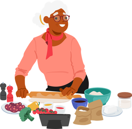 Une femme âgée prépare de la nourriture  Illustration