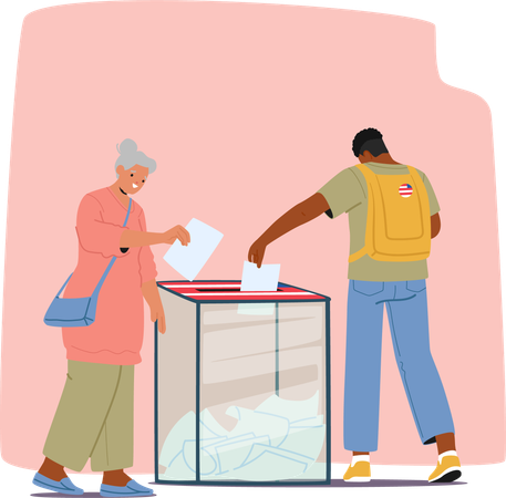 Une femme âgée et un jeune homme déposent leur bulletin dans l'urne du bureau de vote  Illustration