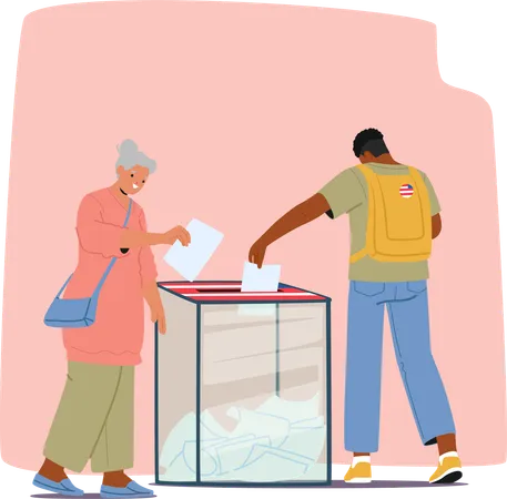 Une femme âgée et un jeune homme déposent leur bulletin dans l'urne du bureau de vote  Illustration