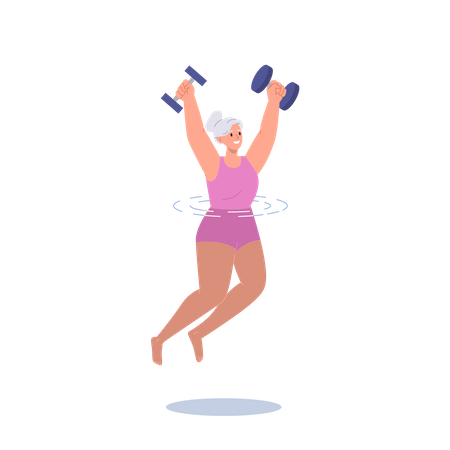 Femme âgée faisant de l'exercice aquatique avec des haltères dans la piscine  Illustration