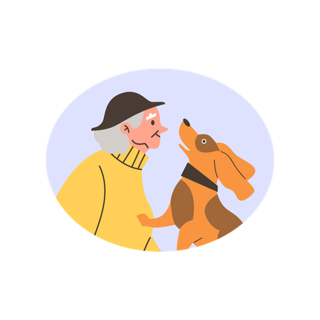 Une femme âgée joue avec un chien  Illustration