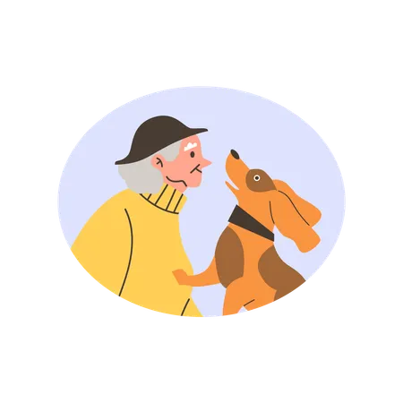 Une femme âgée joue avec un chien  Illustration