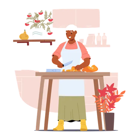 Femme âgée joyeuse coupant une citrouille dans la cuisine  Illustration