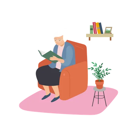 Livre de lecture de femme âgée  Illustration
