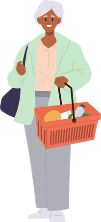 Femme âgée portant un panier à provisions  Illustration