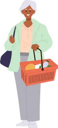 Femme âgée portant un panier à provisions  Illustration