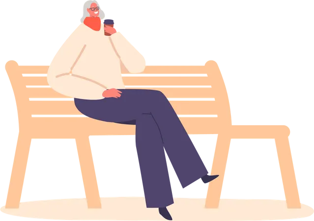 Femme âgée, dégustant une tasse de café sur un banc paisible  Illustration