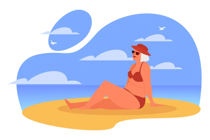 Femme âgée se reposant sur la plage  Illustration