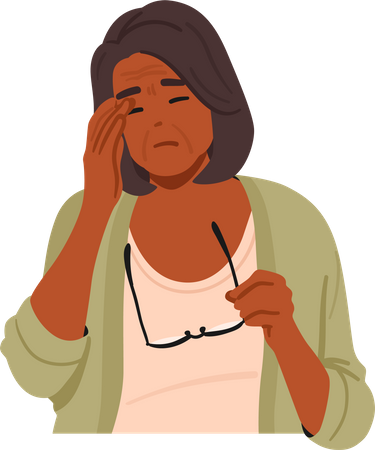 Une femme âgée tenant des lunettes et se frotte les yeux fatigués  Illustration