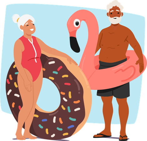 Une femme âgée tenant un anneau gonflable en forme de beignet au chocolat et un vieil homme tenant un anneau en forme de flamant rose  Illustration