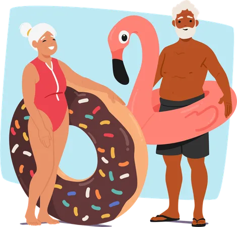 Une femme âgée tenant un anneau gonflable en forme de beignet au chocolat et un vieil homme tenant un anneau en forme de flamant rose  Illustration