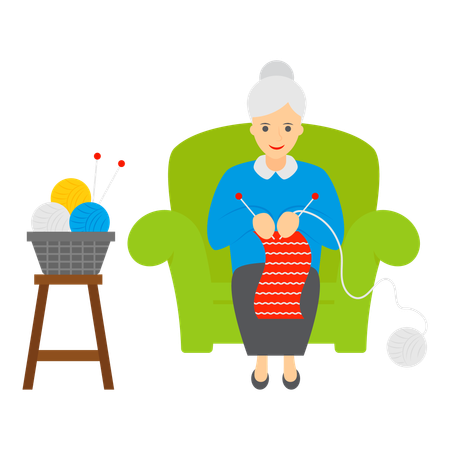 Une femme âgée tricote avec soin et habileté  Illustration