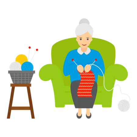 Une femme âgée tricote avec soin et habileté  Illustration