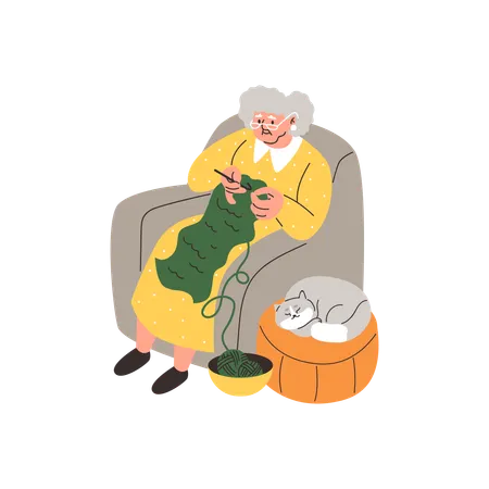 Une femme âgée tricote dans un fauteuil avec un adorable chaton endormi sur un pouf à proximité  Illustration