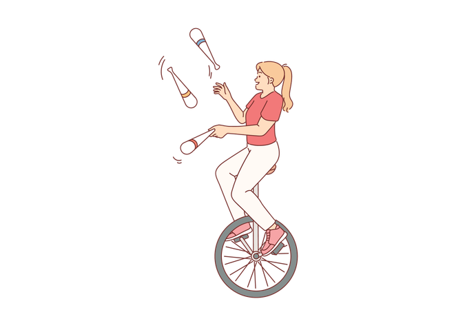 Une femme agile monte sur un monocycle et jongle avec des quilles dans un spectacle de cirque  Illustration
