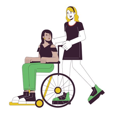 Femme aidant une femme handicapée en fauteuil roulant  Illustration