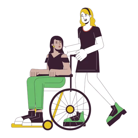 Femme aidant une femme handicapée en fauteuil roulant  Illustration