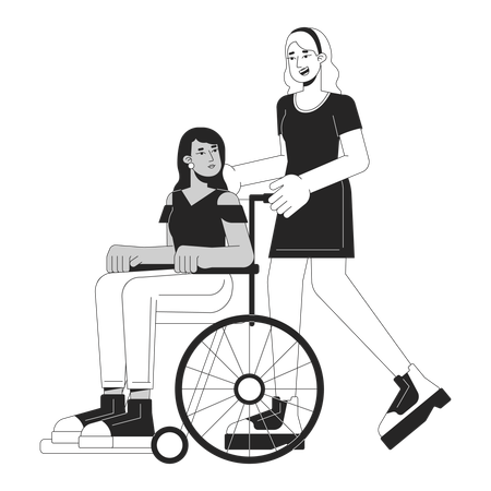 Femme aidant une femme handicapée en fauteuil roulant  Illustration