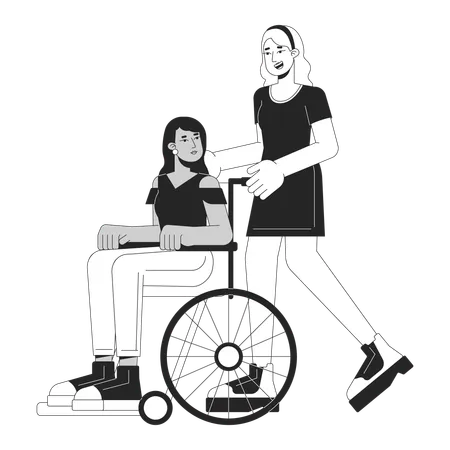 Femme aidant une femme handicapée en fauteuil roulant  Illustration