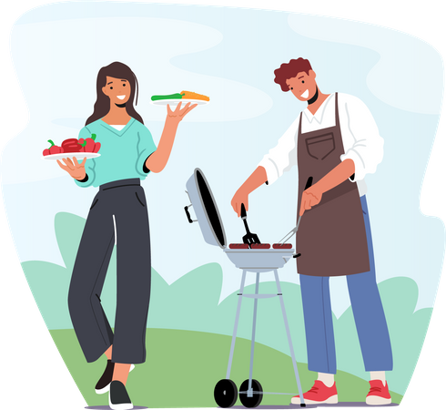 Femme aidant son mari à cuisiner un barbecue  Illustration