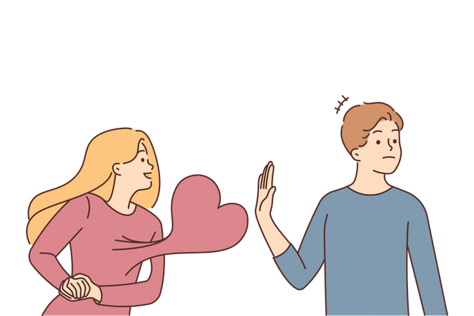 Femme aimante donnant du cœur à l'homme rejetant ses sentiments disant non  Illustration