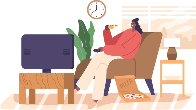 Une femme aime regarder la télévision et savourer une pizza le week-end  Illustration