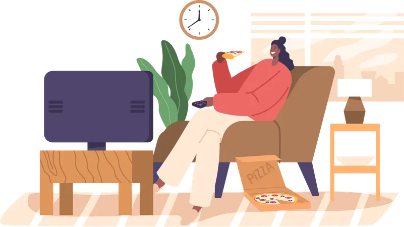 Une femme aime regarder la télévision et savourer une pizza le week-end  Illustration