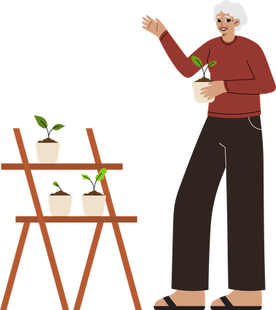 Une femme âgée fait du jardinage  Illustration