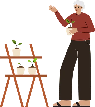 Une femme âgée fait du jardinage  Illustration