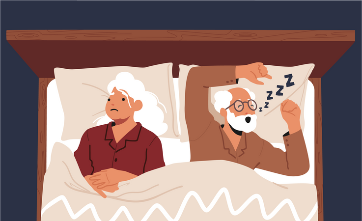 Femme âgée incapable de dormir à cause du ronflement de son mari  Illustration