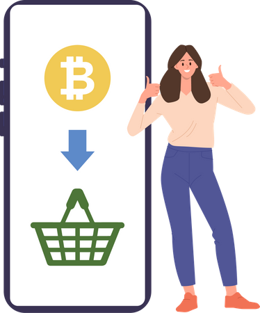 Femme ajoutant du bitcoin dans le panier pour l'achat  Illustration