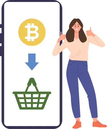 Femme ajoutant du bitcoin dans le panier pour l'achat  Illustration