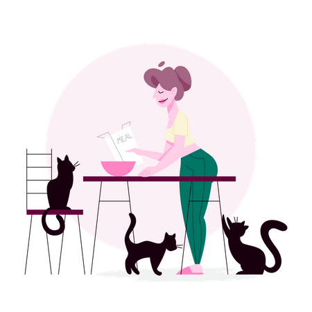 Femme nourrissant de la nourriture pour chats  Illustration