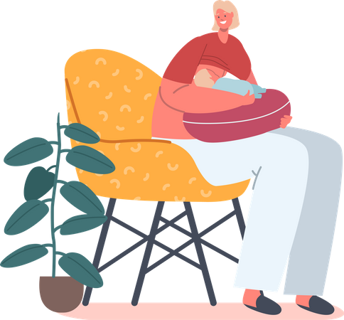 Femme allaitant un petit enfant tout en étant assise sur une chaise  Illustration