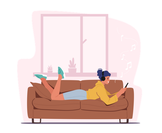 Femme allongée sur un canapé et écoutant de la musique  Illustration