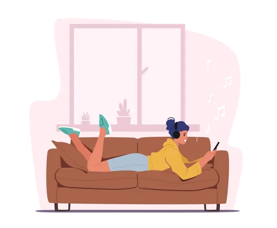 Femme allongée sur un canapé et écoutant de la musique  Illustration