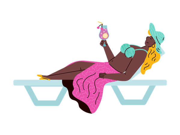 Femme allongée sur une chaise longue de plage et buvant un cocktail  Illustration